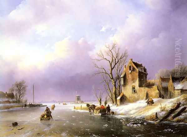 Winter Landscape with Figures on a Frozen River Oil Painting by Jan Jacob Coenraad Spohler