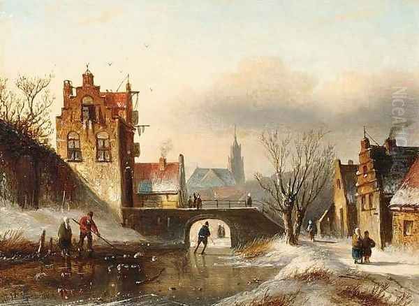 Figures on a Frozen Canal in a Dutch Town Oil Painting by Jan Jacob Coenraad Spohler