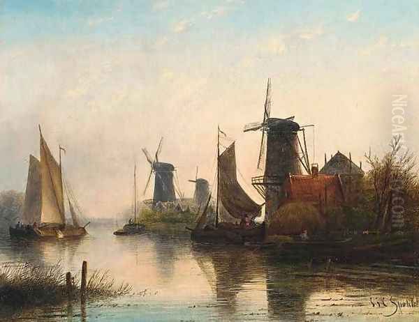 Windmills in a Summer Landscape Oil Painting by Jan Jacob Coenraad Spohler