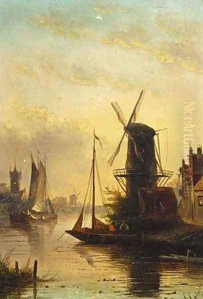 Summer Landscape with a Windmill at Sunset Oil Painting by Jan Jacob Coenraad Spohler