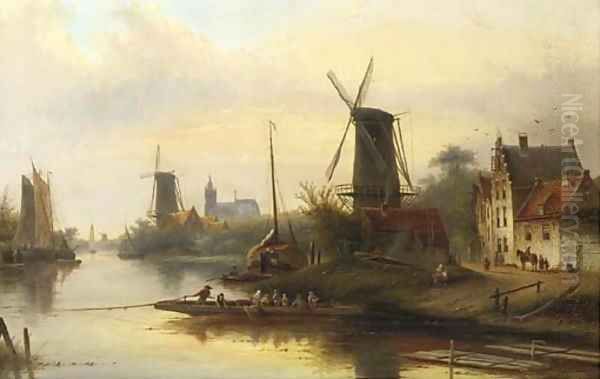 A riverlandscape with a windmill Oil Painting by Jan Jacob Coenraad Spohler