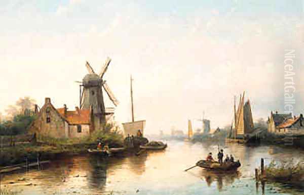 A river landscape with villagers in rowing boat and sailing barges, at dusk Oil Painting by Jan Jacob Coenraad Spohler