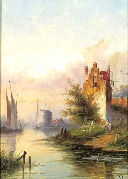 A river landscape with a fortified mansion Oil Painting by Jan Jacob Coenraad Spohler