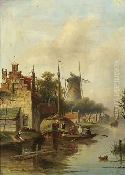 A village along a river in summer Oil Painting by Jan Jacob Coenraad Spohler