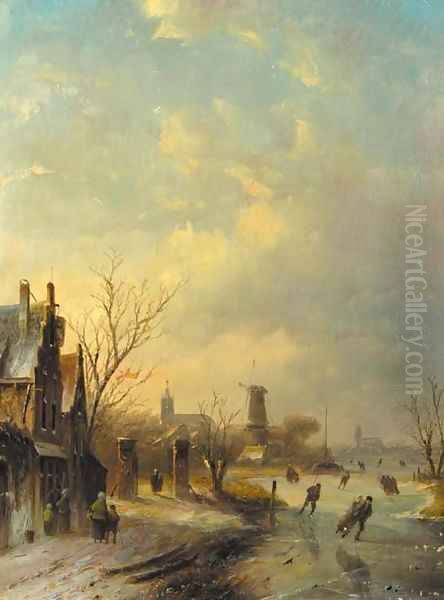 A winter landscape with skaters Oil Painting by Jan Jacob Coenraad Spohler