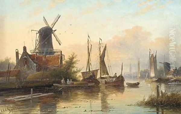 Barges in a calm on a Dutch river estuary Oil Painting by Jan Jacob Coenraad Spohler