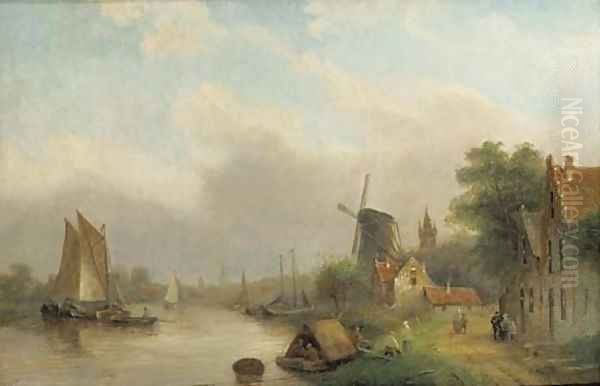 Shipping on a river by a village Oil Painting by Jan Jacob Coenraad Spohler