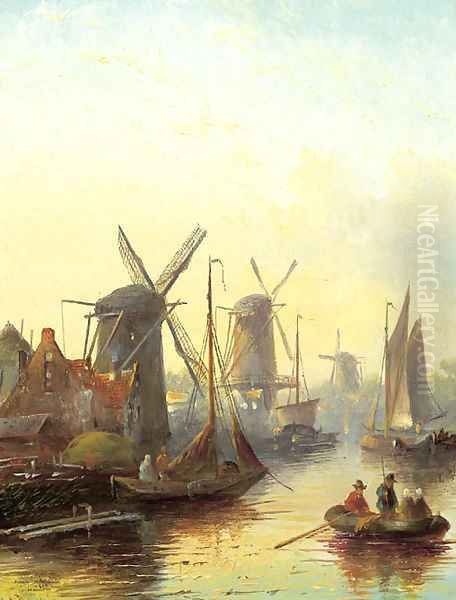 A summer landscape with windmills along a river Oil Painting by Jan Jacob Coenraad Spohler