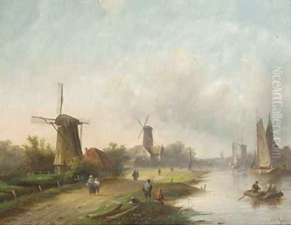 Summer windmills along a river Oil Painting by Jan Jacob Coenraad Spohler