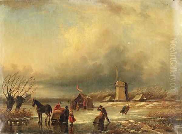 Figures in a frozen landscape Oil Painting by Jan Jacob Coenraad Spohler