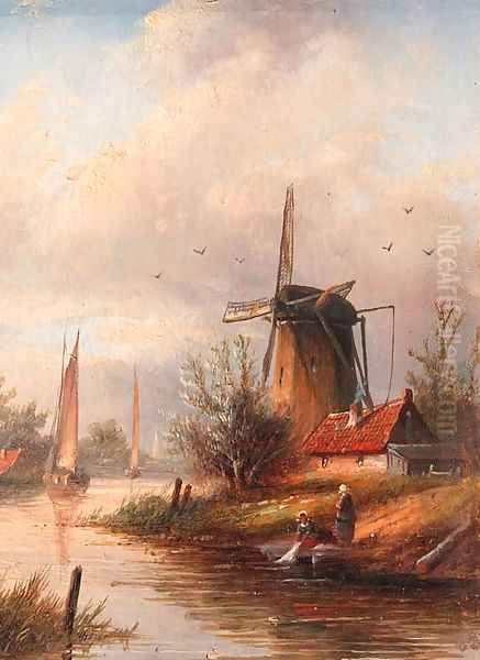 River landscape with a mill Oil Painting by Jan Jacob Coenraad Spohler