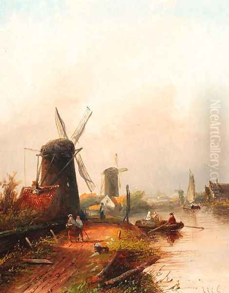 River landscape with windmills Oil Painting by Jan Jacob Coenraad Spohler