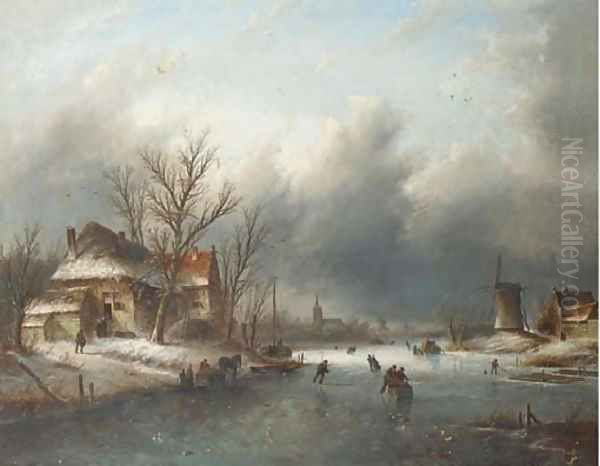 Skaters on a frozen river, a town in the distance Oil Painting by Jan Jacob Coenraad Spohler