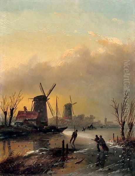 Skating at sunset Oil Painting by Jan Jacob Coenraad Spohler