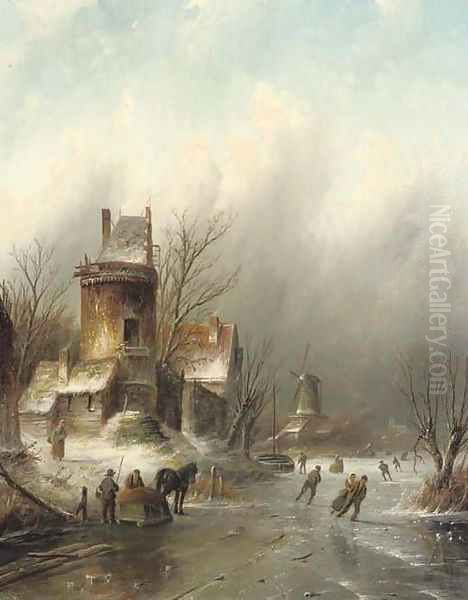 Skating on the Buiksloot near Amsterdam Oil Painting by Jan Jacob Coenraad Spohler