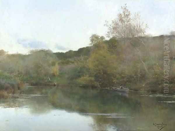 A Tranquil River Landscape Oil Painting by Emilio Sanchez-Perrier