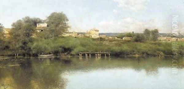 Figures in a Boat in a River Landscape with a Village beyond Oil Painting by Emilio Sanchez-Perrier