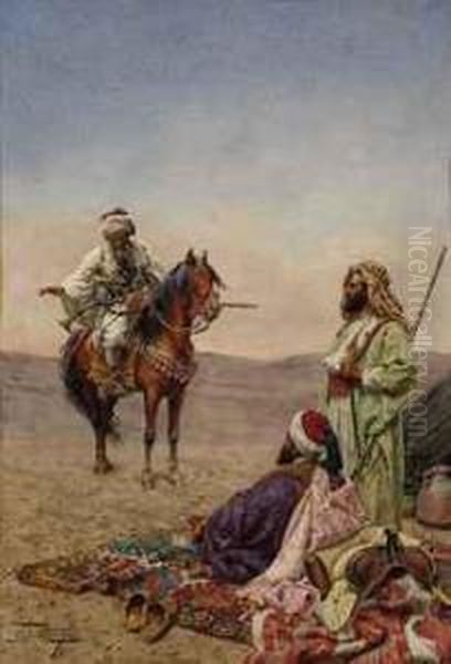 Arab Horsemen In A Desert Oil Painting by Giulio Rosati