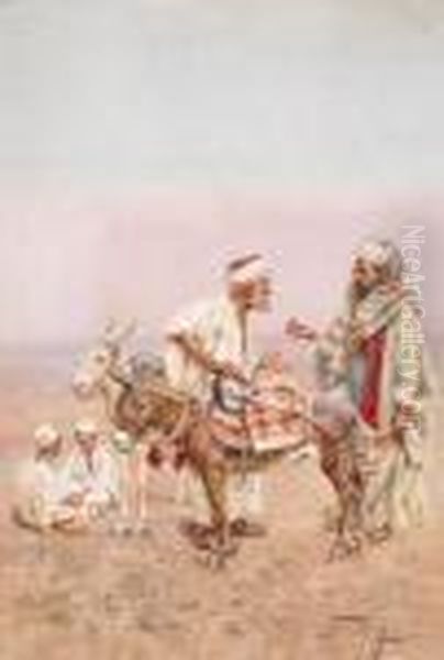 Zwei Orientalische Handler,esel Und Spielende Knaben Oil Painting by Giulio Rosati