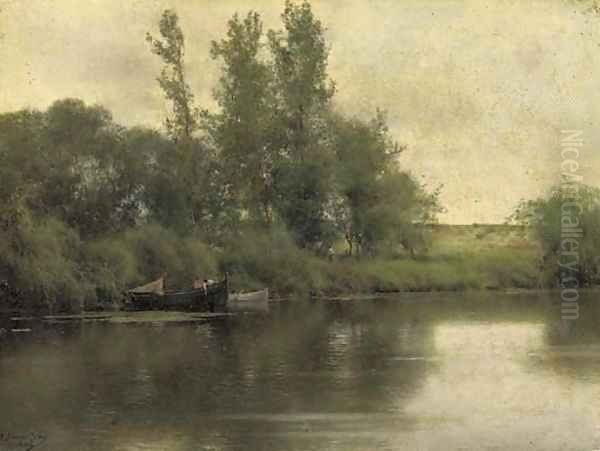 Figures in a Boat in a River Landscape Oil Painting by Emilio Sanchez-Perrier