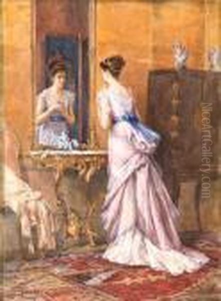 Interno Con Fanciulla Allo Specchio Oil Painting by Giulio Rosati