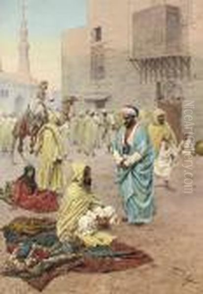 Pilgrims Outside A Mosque Oil Painting by Giulio Rosati