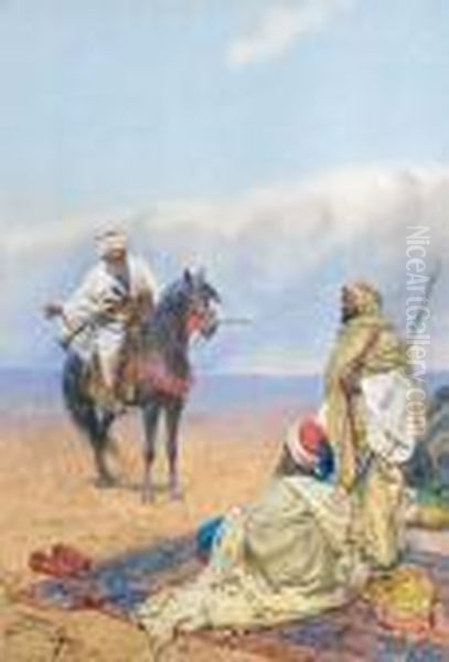 A Horseman At A Bedouin Camp Oil Painting by Giulio Rosati