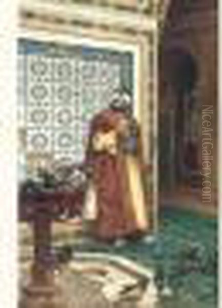 Garde De Harem Observant Des Colombes Folatres Dans La Fontaine Du Patio Oil Painting by Giulio Rosati