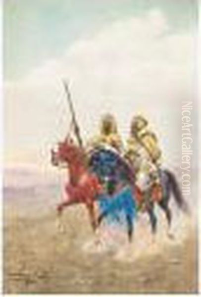 Men On Horseback Oil Painting by Giulio Rosati