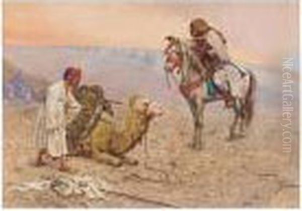 A Horseman Stopping At A Desert Camp, North Africa Oil Painting by Giulio Rosati