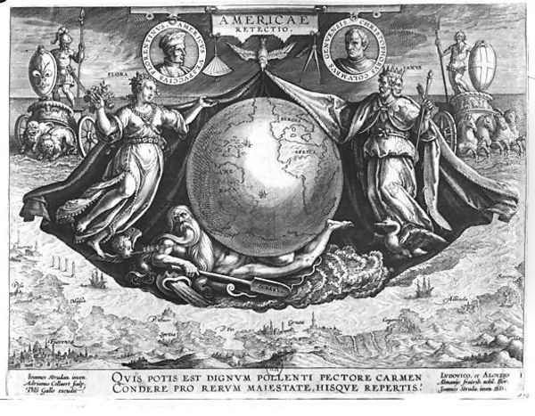 Discovery of America with portraits of Amerigo Vespucci 1454-1512 and Christopher Columbus 1451-1506 engraved by Jan Collaert 1566-1628 printed by Philipp Galle 1537-1612 c.1600 Oil Painting by Giovanni Stradano