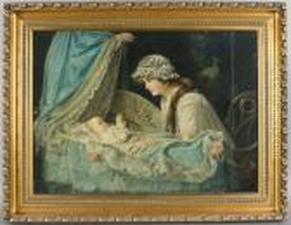 A Mother Gazing At Newborn Child In Cradle Oil Painting by Harry Herman Roseland