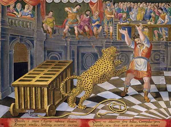 The Roman Emperor Commodus Fires an Arrow to Subdue a Leopard which has Escaped from its Cage in the Arena, plate 14 from Venationes Ferarum, Avium, Piscium Of Hunting Wild Beasts, Birds, Fish engraved by Jan Collaert 1566-1628 published by Phillip Oil Painting by Giovanni Stradano