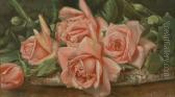 Still Life Of Pink Roses On A Table Oil Painting by Harry Herman Roseland