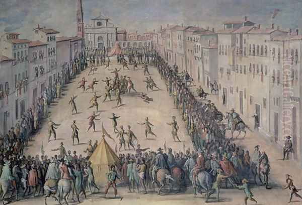 A Game of Football in the Piazza Santa Maria Novella, Florence, 1555 Oil Painting by Giovanni Stradano