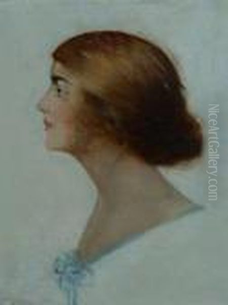 Portrait Of A Woman With A Blue Ribbon, Possibly The Artist'swife by Harry Herman Roseland