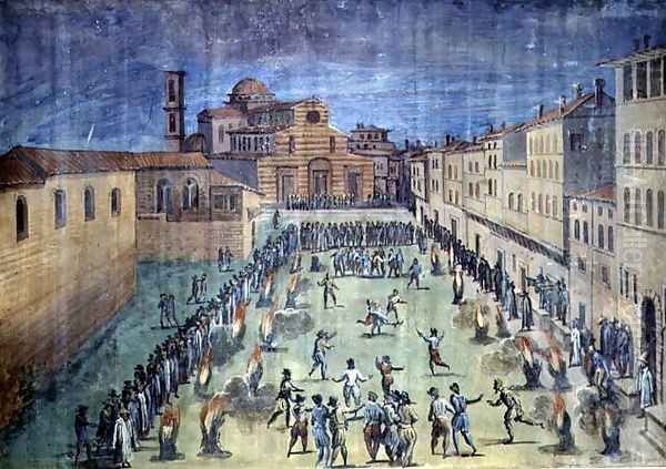 A public festival in the Piazza Santo Spirito, Florence, 1555 Oil Painting by Giovanni Stradano