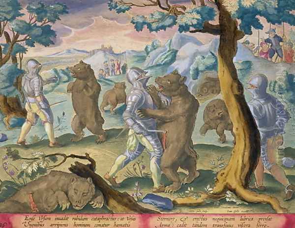 Men in Heavy Armour Attack Bears by Stabbing them in the Vitals, plate 26 from Venationes Ferarum, Avium, Piscium Of Hunting Wild Beasts, Birds, Fish engraved by Jan Collaert 1566-1628 published by Phillipus Gallaeus of Amsterdam Oil Painting by Giovanni Stradano