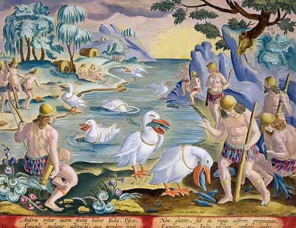 Semi-Naked Savages of India Using Pelicans to Catch Fish, plate 91 from Venationes Ferarum, Avium, Piscium Of Hunting Wild Beasts, Birds, Fish engraved by Jan Collaert 1566-1628 published by Phillipus Gallaeus of Amsterdam Oil Painting by Giovanni Stradano