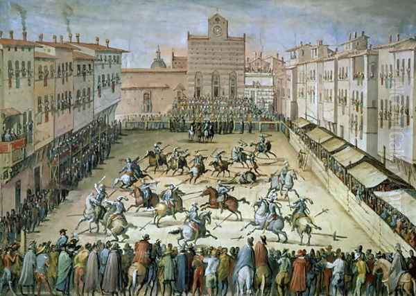 The Joust in the Piazza Santa Croce, Florence, 1555 Oil Painting by Giovanni Stradano