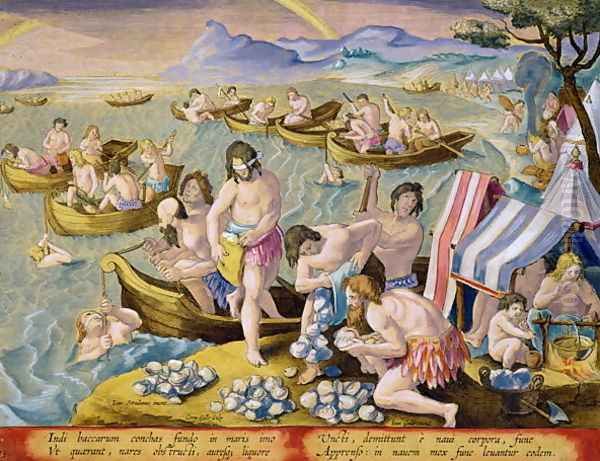 Indians Diving for Large Clams, plate 93 from Venationes Ferarum, Avium, Piscium Of Hunting Wild Beasts, Birds, Fish engraved by Jan Collaert 1566-1628 published by Phillipus Gallaeus of Amsterdam Oil Painting by Giovanni Stradano