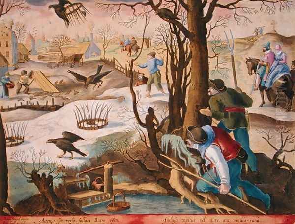 Birdcatchers Using Traps Baited with Rats to Capture Hawks, plate 64 from Venationes Ferarum, Avium, Piscium Of Hunting Wild Beasts, Birds, Fish engraved by Jan Collaert 1566-1628 published by Phillipus Gallaeus of Amsterdam Oil Painting by Giovanni Stradano