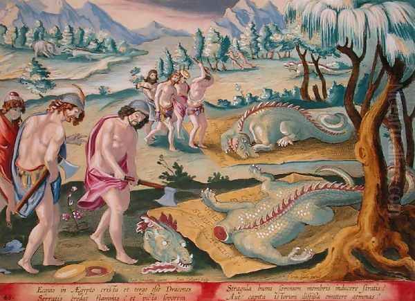 Decapitating Crocodiles, plate 46 from Venationes Ferarum, Avium, Piscium Of Hunting Wild Beasts, Birds, Fish engraved by Jan Collaert 1566-1628 published by Phillipus Gallaeus of Amsterdam Oil Painting by Giovanni Stradano