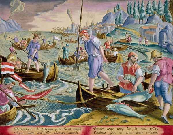 Fishing with Nets and Tridents in the Bay of Naples, plate 89 from 'Venationes Ferarum, Avium, Piscium Of Hunting Wild Beasts, Birds, Fish engraved by Jan Collaert 1566-1628 published by Phillipus Gallaeus of Amsterdam Oil Painting by Giovanni Stradano