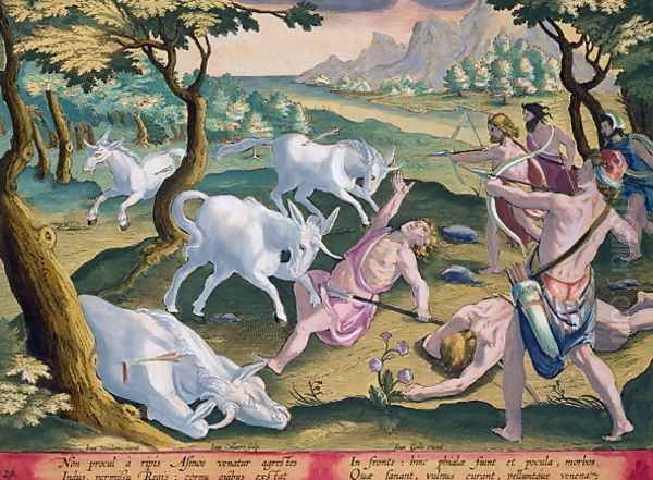 Unicorns on the Banks of the Indus, Hunted by Permission of the King, plate 29 from Venationes Ferarum, Avium, Piscium Of Hunting Wild Beasts, Birds, Fish engraved by Jan Collaert 1566-1628 published by Phillipus Gallaeus of Amsterdam Oil Painting by Giovanni Stradano