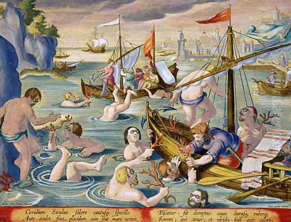 Diving for Coral, plate 92 from Venationes Ferarum, Avium, Piscium Of Hunting Wild Beasts, Birds, Fish engraved by Jan Collaert 1566-1628 published by Phillipus Gallaeus of Amsterdam Oil Painting by Giovanni Stradano