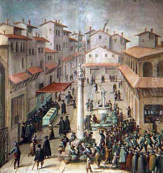 Piazza del Mercato Vecchio, Florence, 1555 Oil Painting by Giovanni Stradano