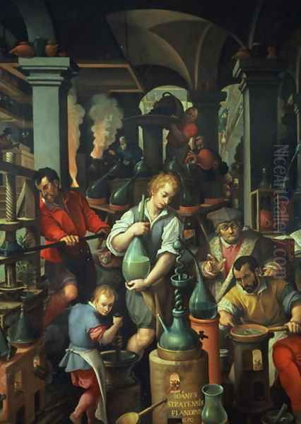 The Alchemists Workshop, 1570 Oil Painting by Giovanni Stradano