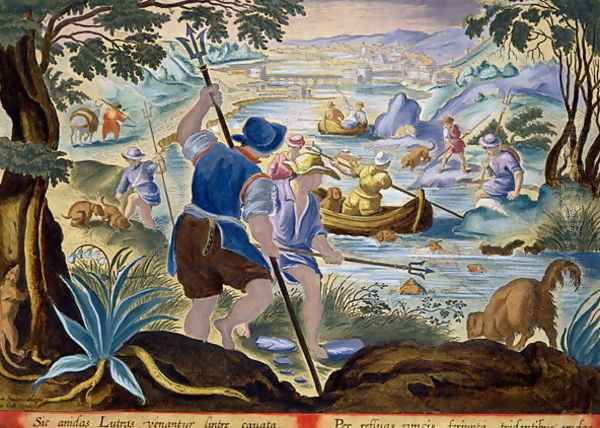 Fishing with Tridents, plate 90 from Venationes Ferarum, Avium, Piscium Of Hunting Wild Beasts, Birds, Fish engraved by Jan Collaert 1566-1628 published by Phillipus Gallaeus of Amsterdam Oil Painting by Giovanni Stradano