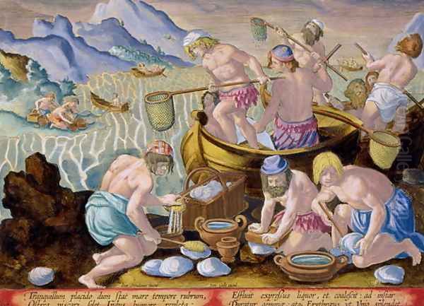 Natives Fishing for Giant Clams on the Indus, plate 102 from Venationes Ferarum, Avium, Piscium Of Hunting Wild Beasts, Birds, Fish engraved by Jan Collaert 1566-1628 published by Phillipus Gallaeus of Amsterdam Oil Painting by Giovanni Stradano